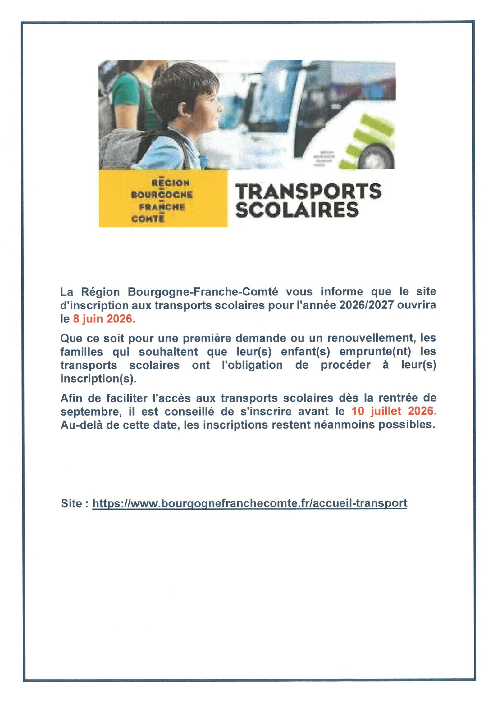 Inscriptions cantine scolaire et transport scolaire rentr&eacute;e 2026/2027